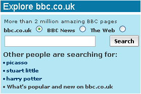 The search box on the bbc.co.uk homepage with today's newly added link to popular and new content on the site