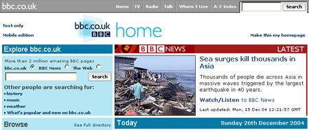 bbc.co.uk homepage reporting the news of a natural disaster in Asia