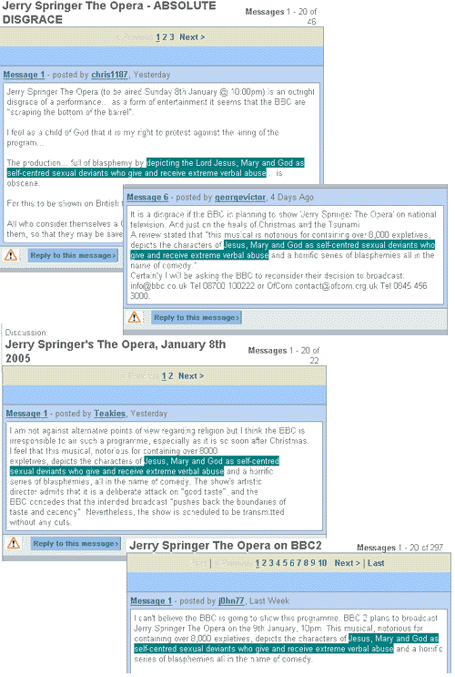 Screengrabs of threads on the BBC's Points of View message board protesting about Jerry Springer The Opera being shown on BBC Two, all using the same words