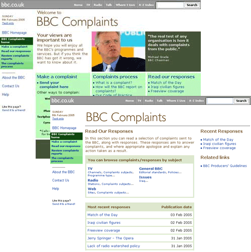 Screen grabs from the BBC Complaints site