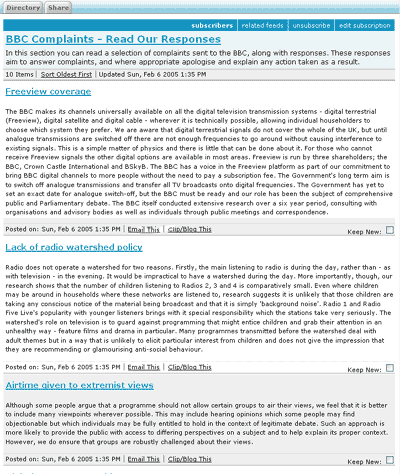 Screen grab of the RSS feed from the BBC Complaints site as displayed in bloglines