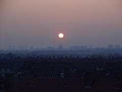 The sun setting seen from the balcony behind my desk in the Broadcast Centre at White City