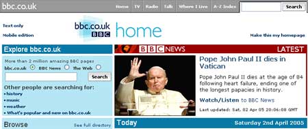 Coverage of the Pope's death on BBC.co.uk