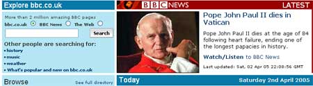 Coverage of the Pope's death on BBC.co.uk