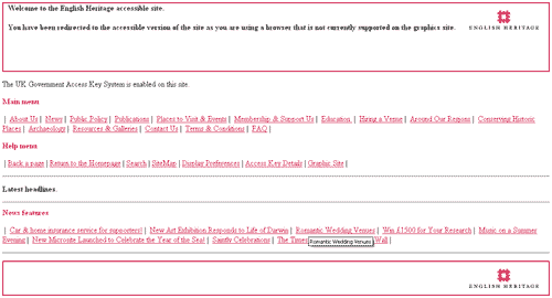 Screengrab of the Accessibility Redirect Homepage at English Heritage's site