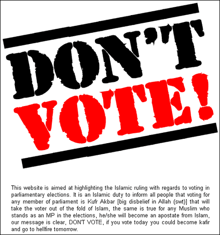Don't Vote splash page on the Al Ghurabaa site