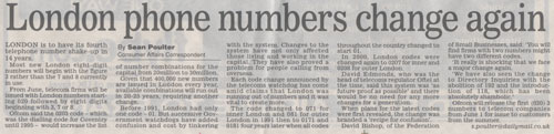 Article from the Dail Mail - London phone numbers change again