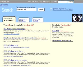 Bad Wolf logo and links on the BBC's Search results pages