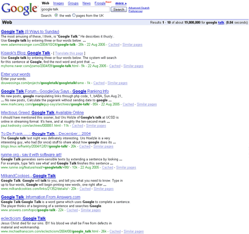 Google results for a 'Google Talk' search
