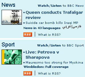 BBC homepage News and Sport panels with RSS icons