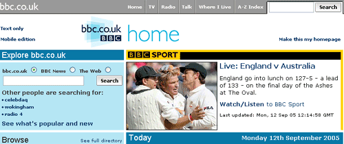 BBC Homepage with BBC Sport coverage of the Ashes
