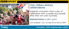 BBC Homepage covers the Ashes parade