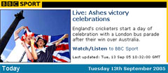 BBC Homepage covers the Ashes parade