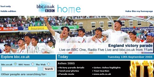 BBC Homepage covers the Ashes parade