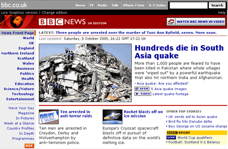 BBC News use their new splash format to cover the South Asia quake