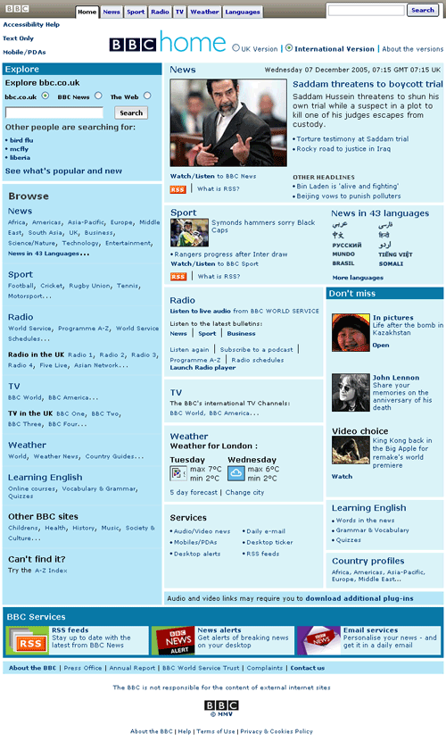 The BBC's international facing homepage at bbc.co.uk