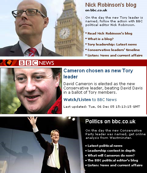 Three different treatments of the day's political story from the BBC homepage