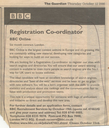 The advert for my first job at the BBC
