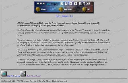 Screengrab of the BBC's online coverage of the 1995 Budget