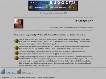 Screengrab of the BBC's online coverage of the 1995 Budget