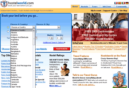 HostelWorld.com homepage