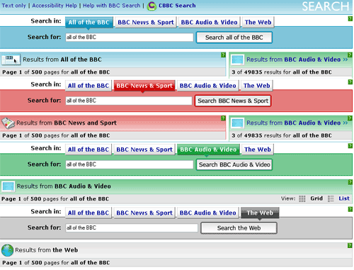BBC Search resault pages are colour coded according to the type of content
