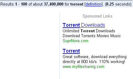 Google adverts displayed when you search for 'torrent'