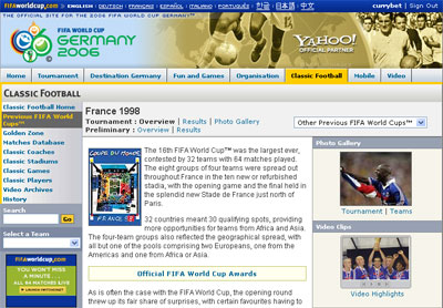 France 98 homepage at Yahoo!s World Cup site