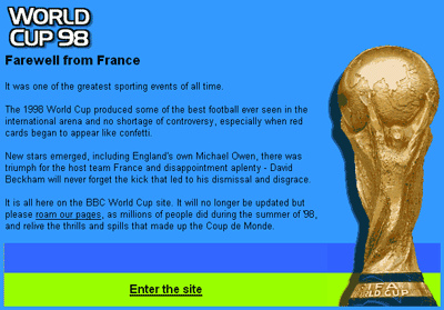The BBC's World Cup 1998 frontpage archive