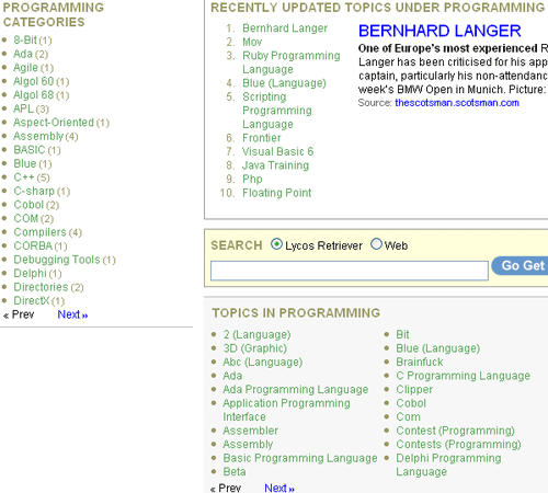 Programming Categories and Topics in Lycos Retriever