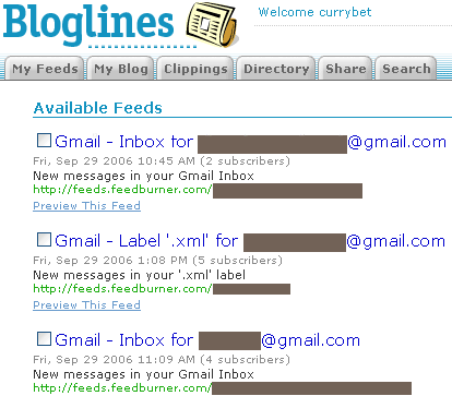 Gmail feeds in Bloglines