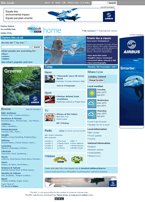 BBC.co.uk homepage with adverts