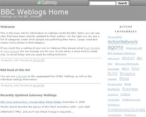 BBC blogs on Gateway, the BBC's intranet site
