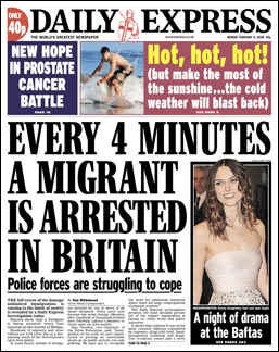 Daily Express front page - Every 4 minutes a migrant is arrested in Britain