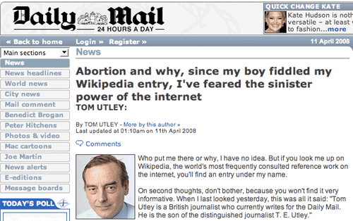 Tom Utley on WIkipedia in the Daily Mail