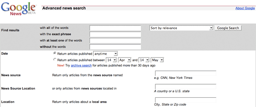 Google News advanced search form