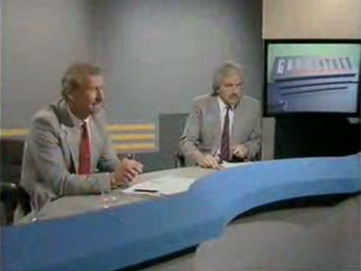 Bob Wilson and Des Lynam on the set of Grandstand for Euro 84