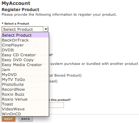 Roxio product registration options