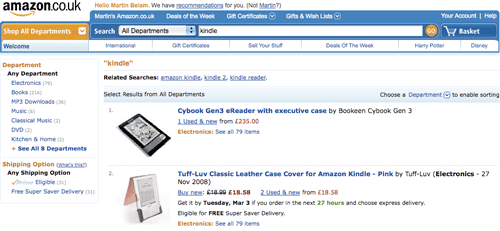 Amazon UK 'kindle' search results