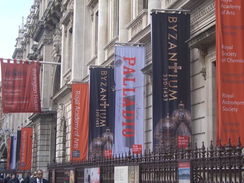 Byzantium flags outside the Royal Academy