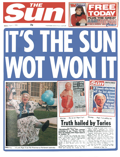 The Sun 'Wot Won It' front page from 1992