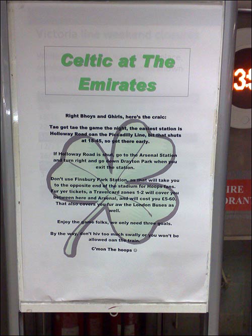 Celtic fans travel instructions sign at Kings Cross Underground