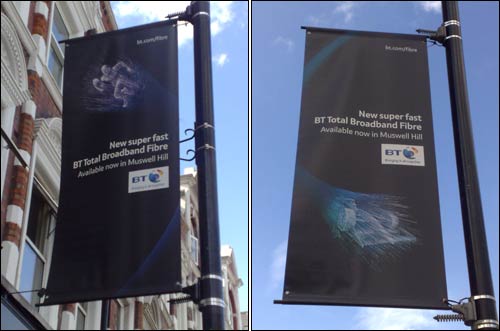 BT promotional posters on lampposts at Muswell Hill