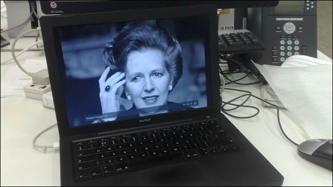 Jane Bown photograph of Margaret Thatcher full screen on my laptop