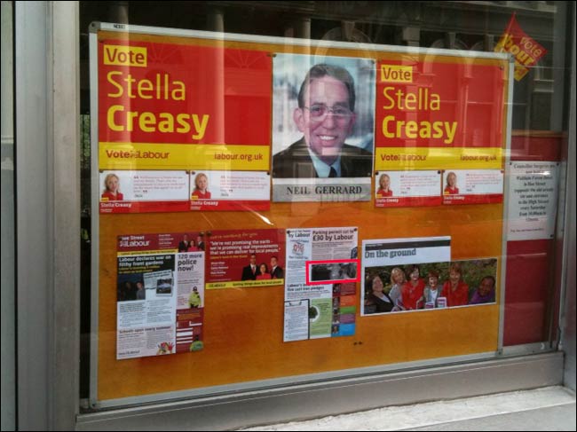 Close-up of the stolen photo in the Labour Party office window