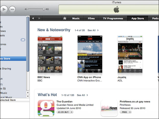 The Guardian & BBC news apps on the same page of the iTunes store