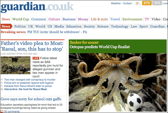 Paul the Psychic Octopus on the front page of The Guardian website