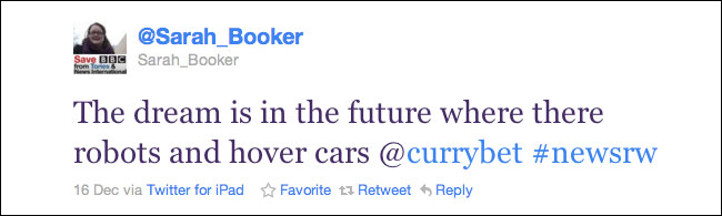 Sarah Booker inspired to tweet about robots and hovercars