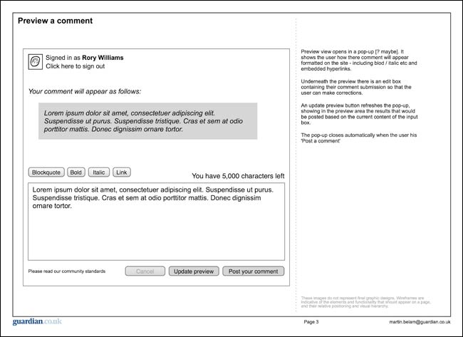 Wireframe of a comment preview feature