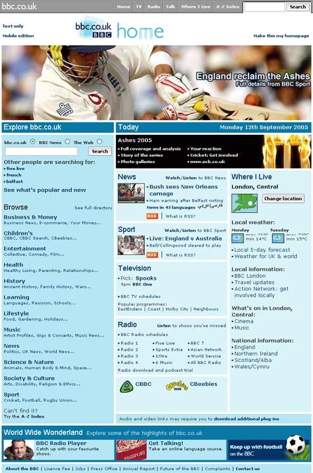Special BBC Ashes homepage in 2005